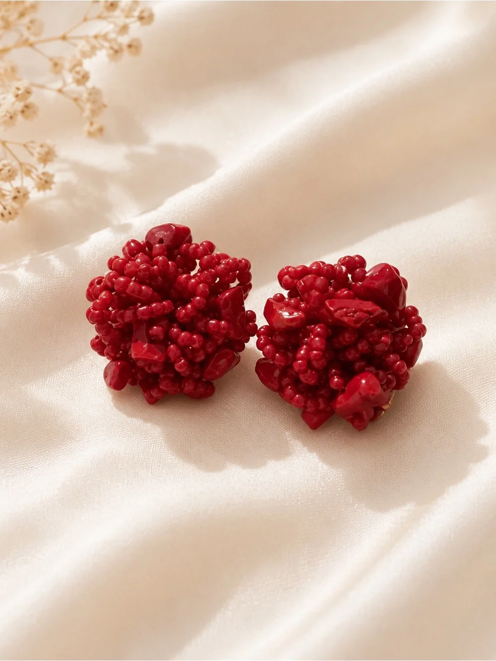Red Cluster Bead Statement Earrings - Women Jewelry